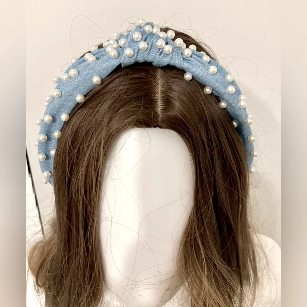 WHBM Denim headband with faux pearls. Luminous faux pearls take the knotted